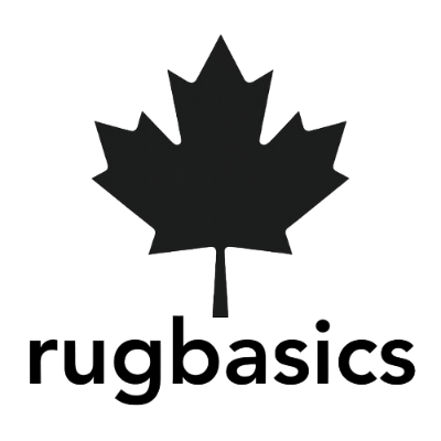 Black maple leaf logo with 'rugbasics' text on a white background